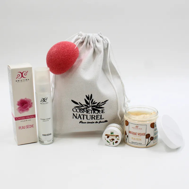 Coffret soin peau sèche naturel avec crème, masque, éponge konjac rose, sac en tissu et beurre karité calendula.