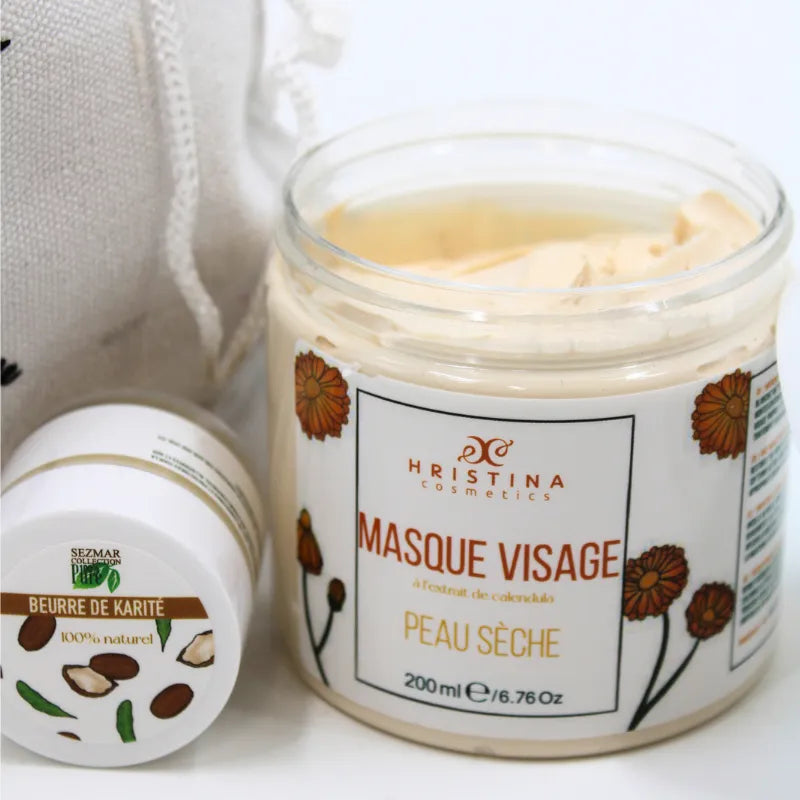 Coffret soin peau sèche naturel avec masque visage calendula et beurre karité, pot blanc et beige, 200ml.