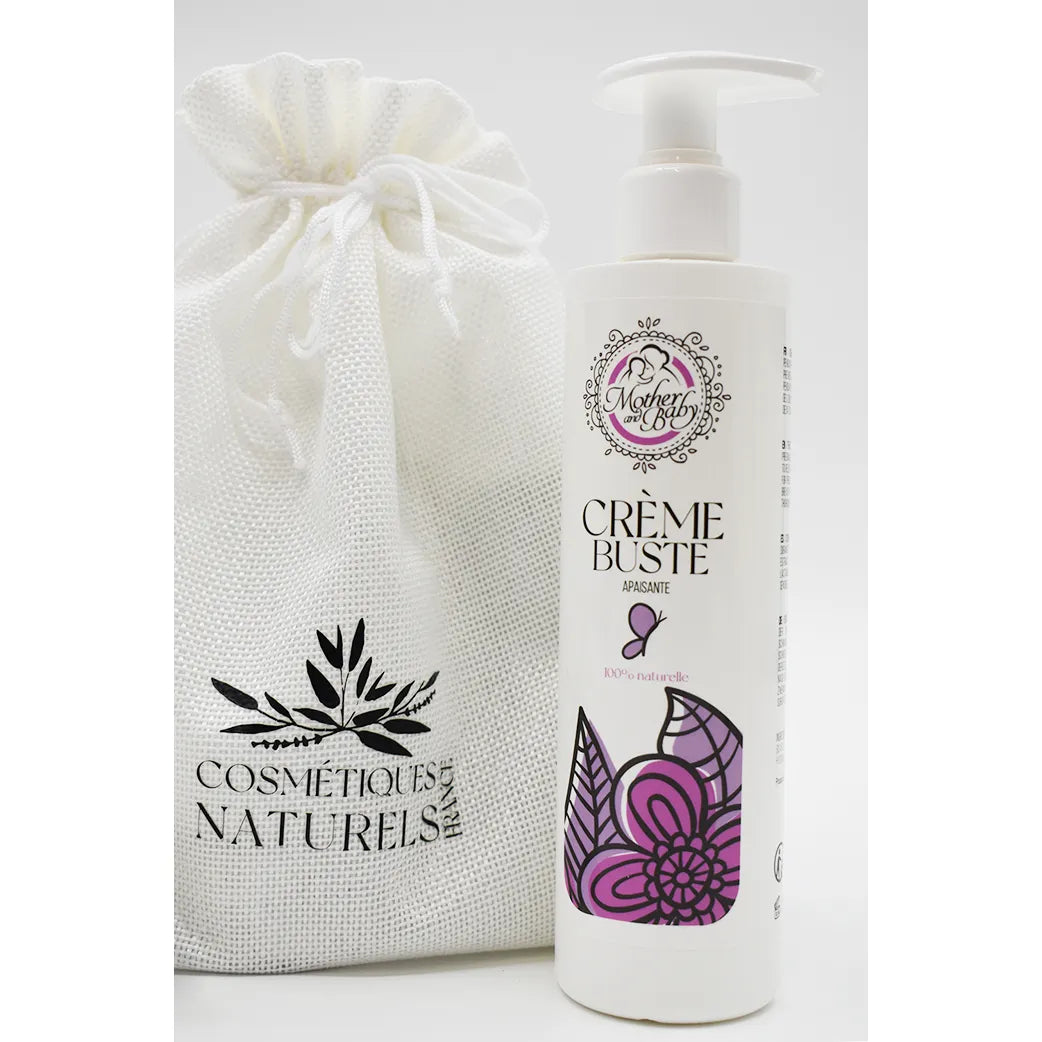 Coffret post-partum avec crème apaisante buste et sac en tissu blanc, design floral violet, soins naturels grossesse.