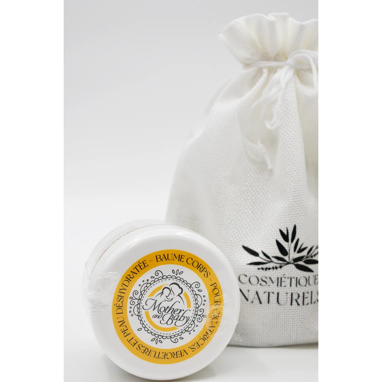 Coffret rituel vergetures avec huile et baume naturels, pot blanc et sac en tissu, soin hydratant grossesse cicatrices.
