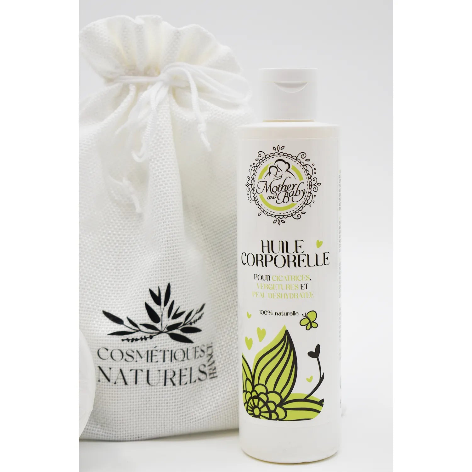 Huile corporelle naturelle anti-vergetures avec sac en tissu, hydratation intense pour grossesse et cicatrices.