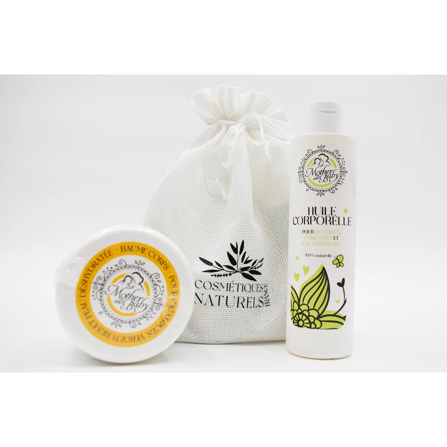 Coffret rituel vergetures avec huile et baume naturels, flacons blancs, motifs floraux, sac en tissu, hydratation grossesse.