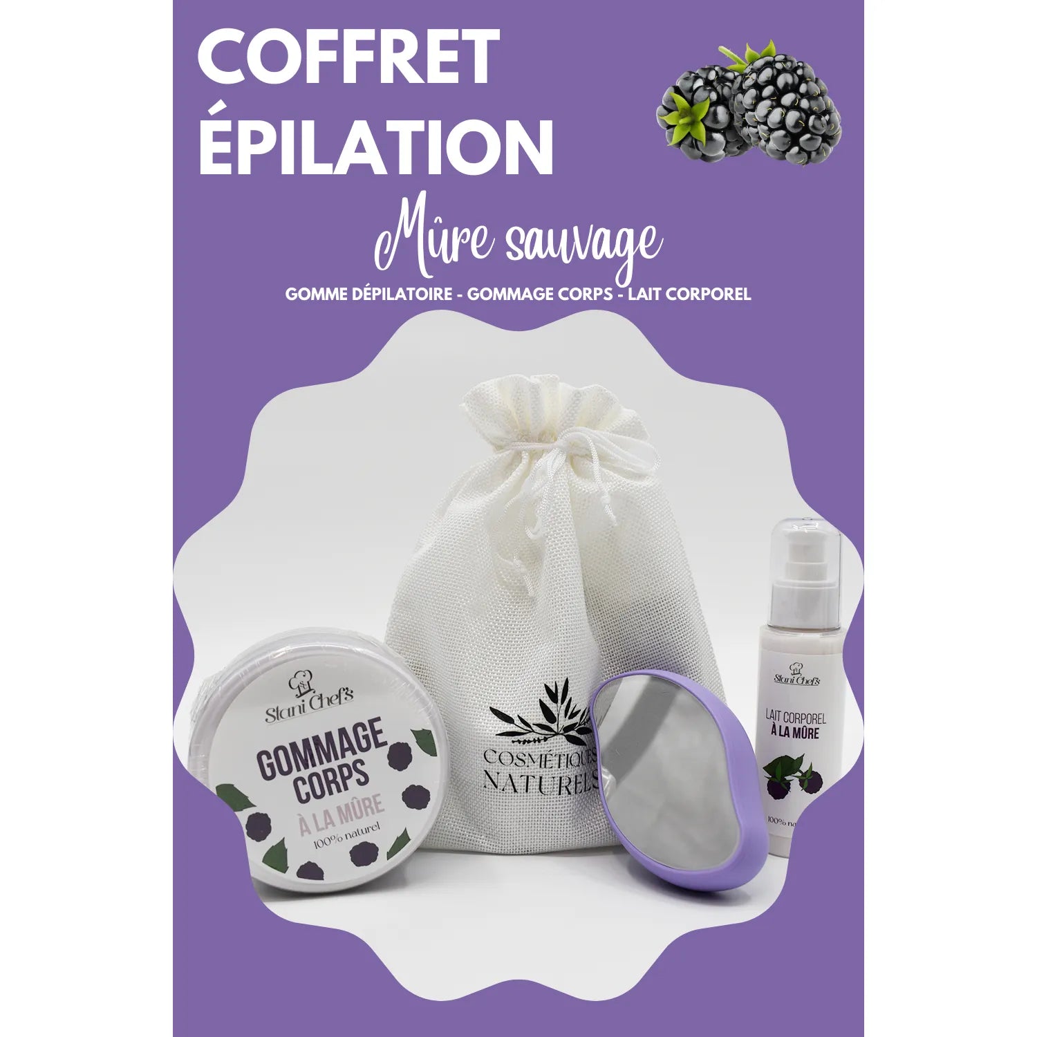 Coffret épilation naturel gomme dépilatoire lait gommage mûre sauvage