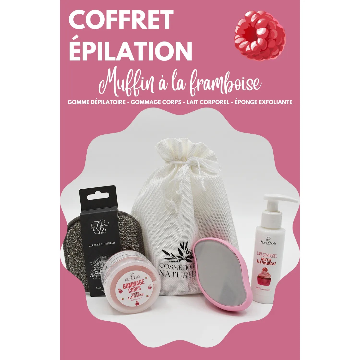 Coffret épilation naturel gomme dépilatoire réutilisable lait gommage framboise