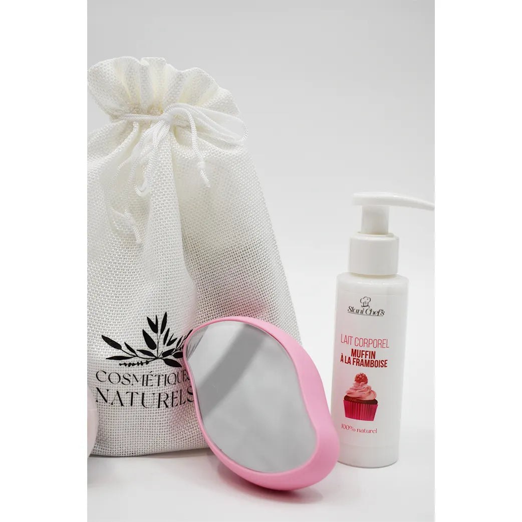 Coffret épilation naturel avec gomme rose, lait gommage framboise et sac blanc, soin doux et éco-responsable.