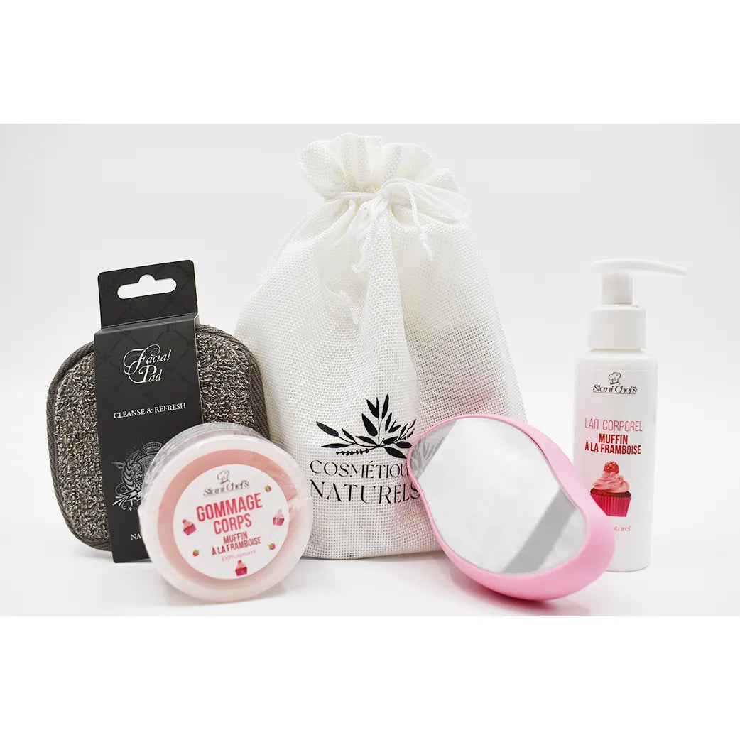 Coffret épilation naturel avec gomme dépilatoire rose, lait gommage framboise et accessoires, éco-responsable.