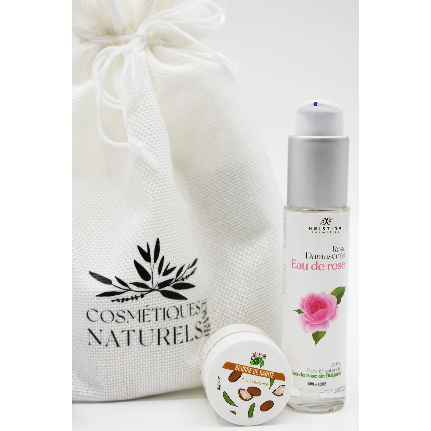 Coffret visage naturel avec flacon rose de Damas et pot beurre karité, sac en toile, pour peaux sensibles.