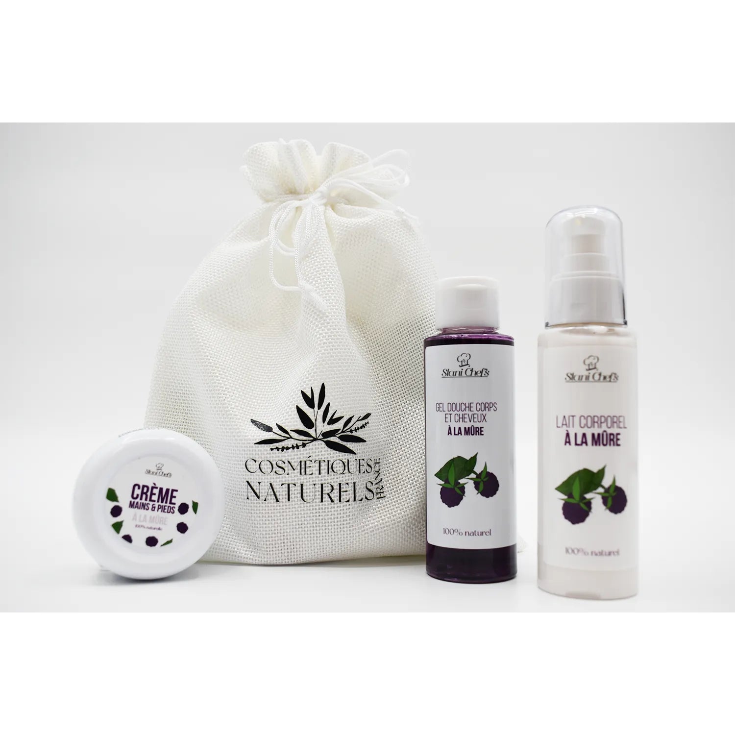 Coffret soin naturel mûre: crème, gel douche, lait corporel, sac blanc; hydratant, antioxydant, parfum fruité.