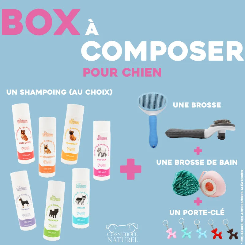 Box chien personnalisée shampoing brosse bain porte-clé tissu élégante