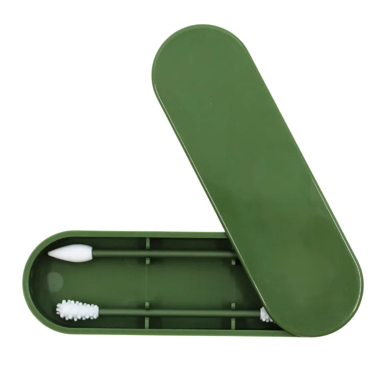 Boîte verte en plastique ABS avec cotons-tiges réutilisables écologiques lavables, design pratique et durable.