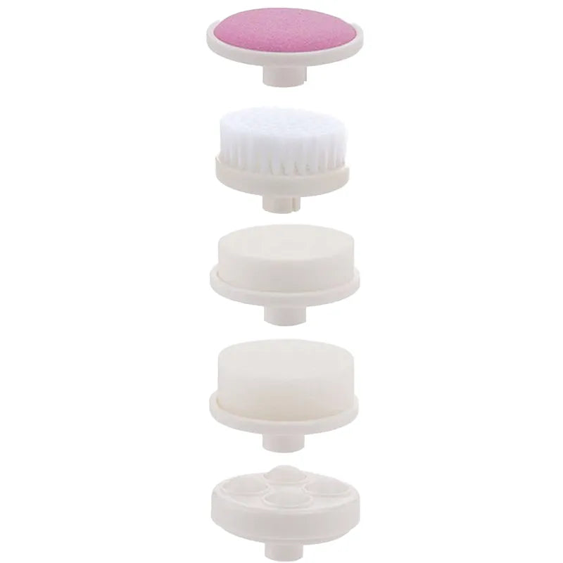 Brosse visage électrique 5 en 1 avec têtes rotatives exfoliantes et massantes, design blanc et rose, vue des accessoires.