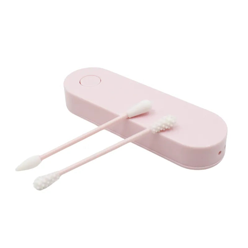 Cotons-tiges réutilisables rose en silicone ABS avec boîte élégante, zéro déchet, pour maquillage et oreilles.