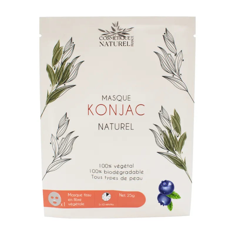 Masque visage biodégradable konjac myrtille peau sensible hydratation apaisement