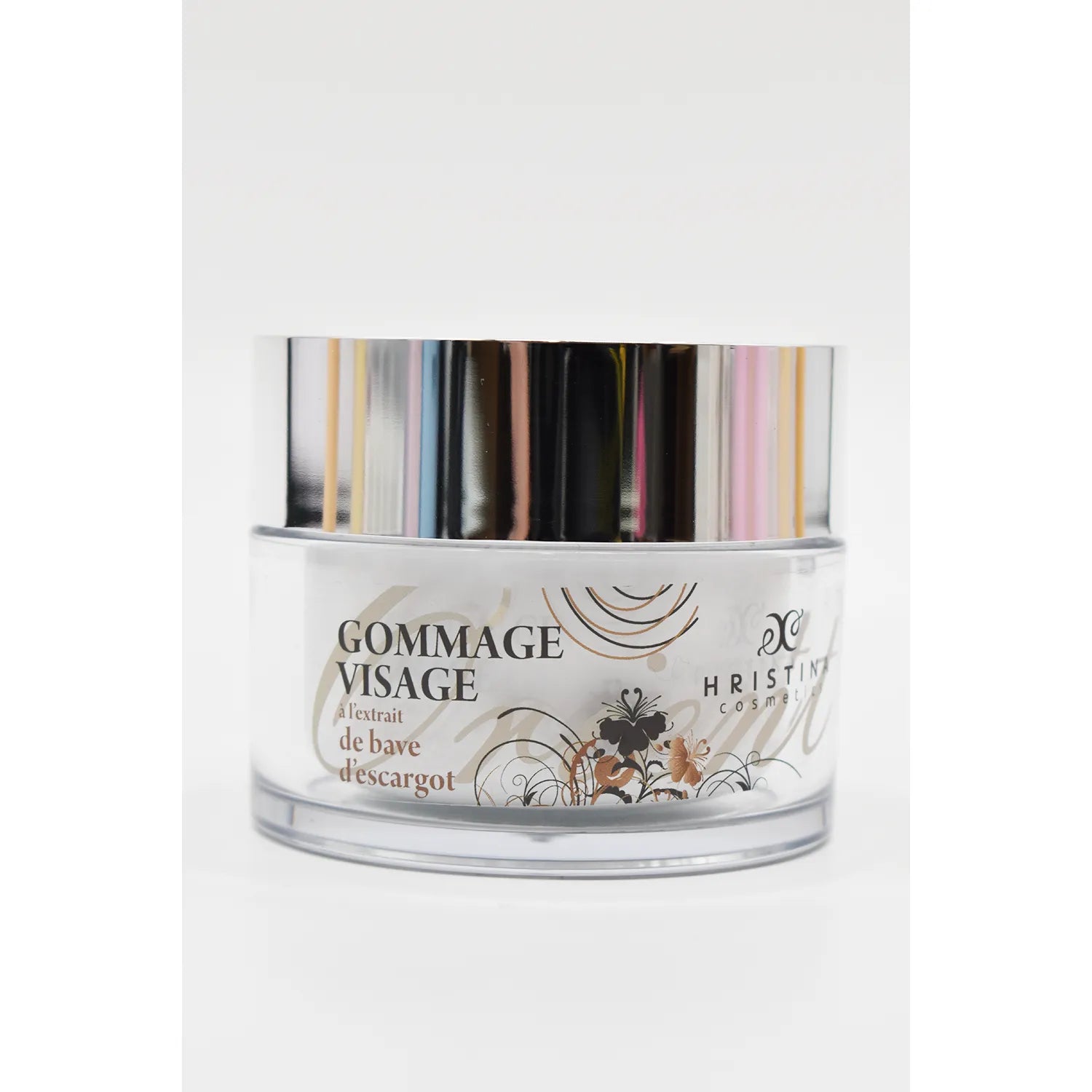 Pot transparent de gommage visage bave d'escargot, couvercle argenté, design élégant, 100ml, soin anti-âge naturel.