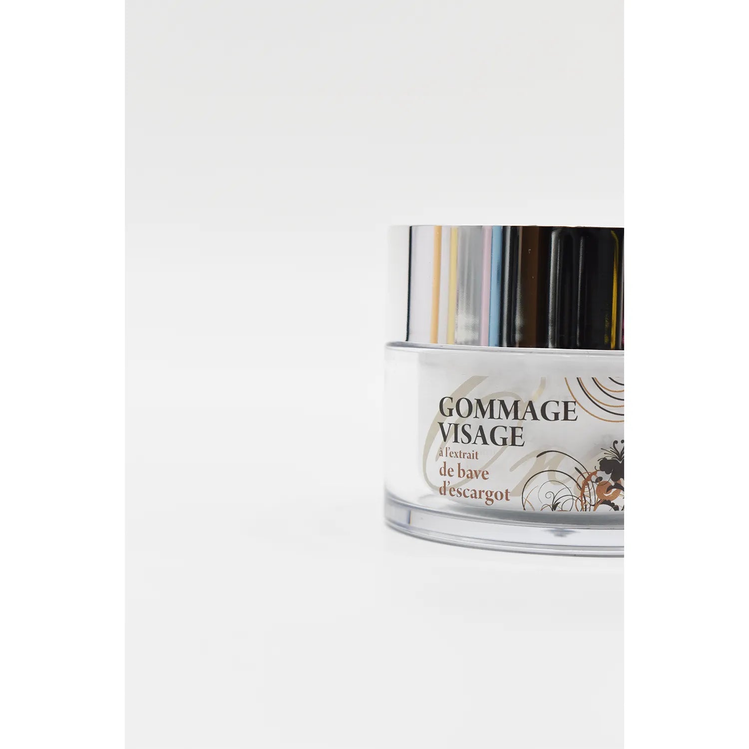 Pot de gommage visage bave d'escargot naturel, couvercle argenté, 100ml, anti-âge, renouvellement cellulaire.