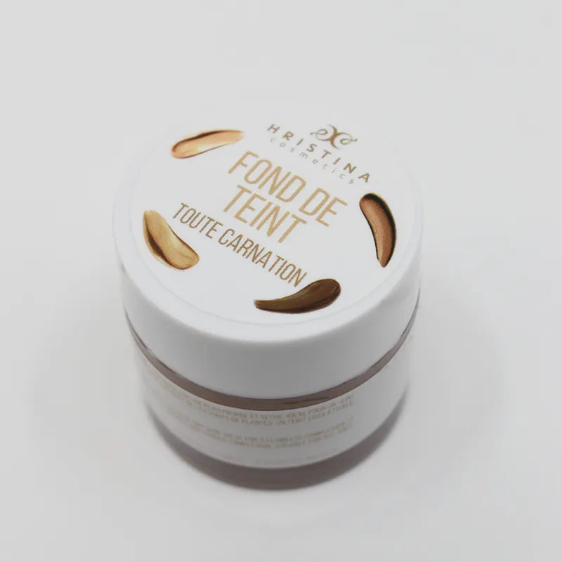 Pot de fond de teint caméléon hydratant, couvercle blanc avec texte doré, adapté à toutes carnations, 30ml.
