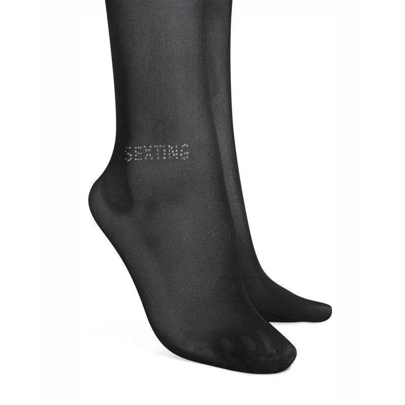 Collants noirs ouverts semi-transparents avec lettrage SEXTING, élégants et confortables, sublimant les jambes.