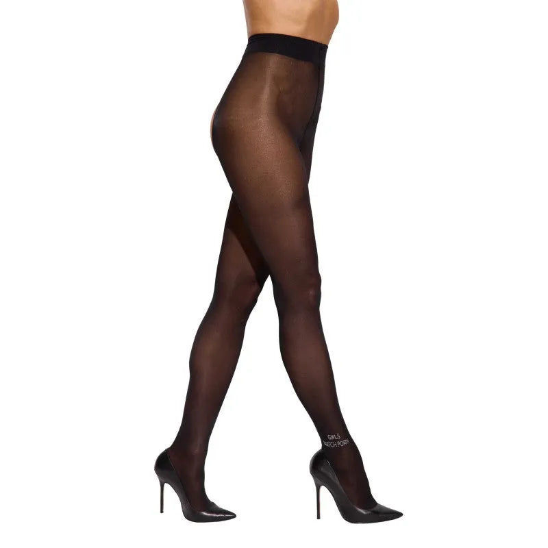Collants noirs transparents ouverts avec lettrage provocant GIRLS WATCH PORN, design audacieux et séduisant.
