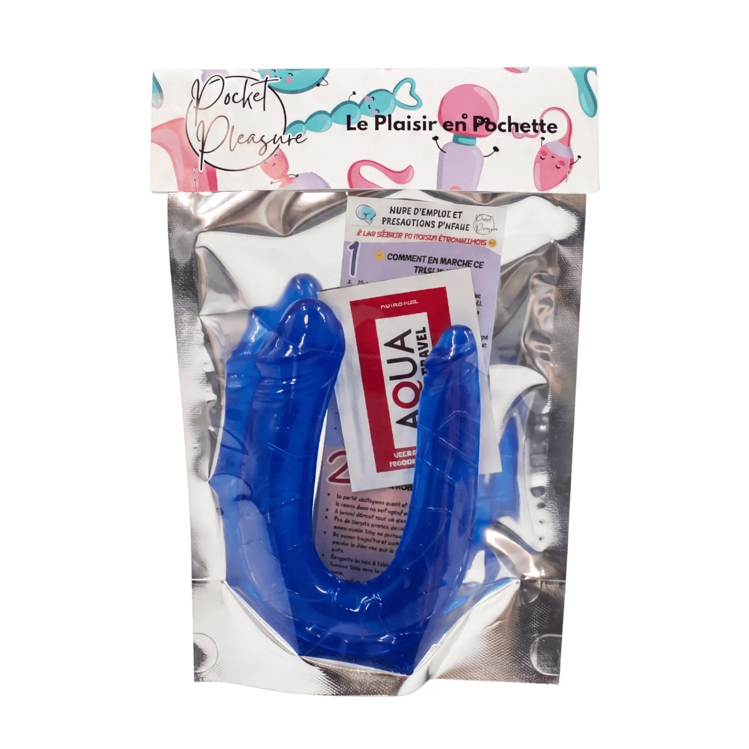 Double dong bleu translucide flexible TPE 26cm, stimulation réaliste, emballage Pocket Pleasure, deux extrémités.