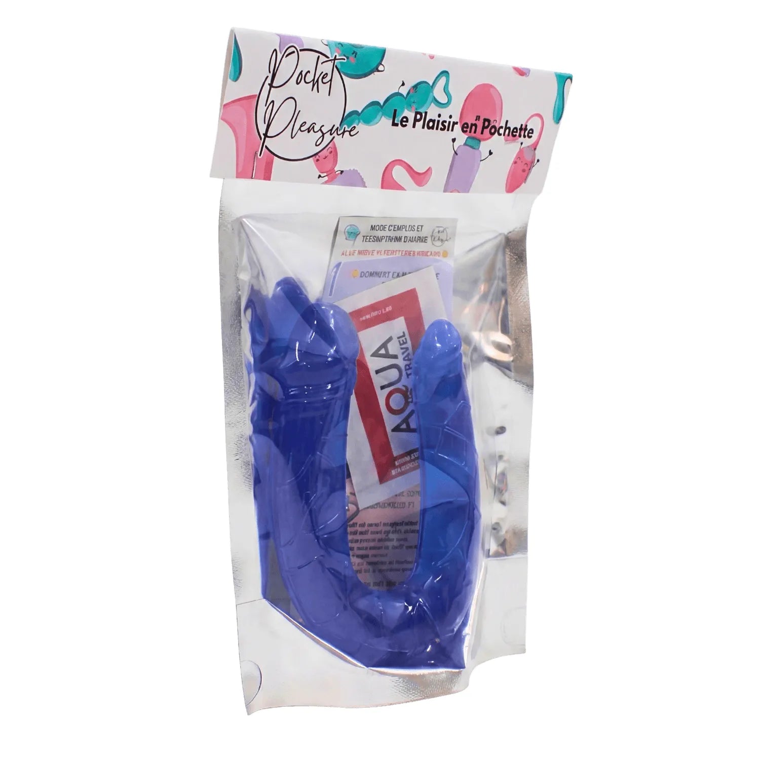 Double dong bleu translucide flexible en TPE, 26cm, avec deux extrémités, emballé dans un sachet Pocket Pleasure.
