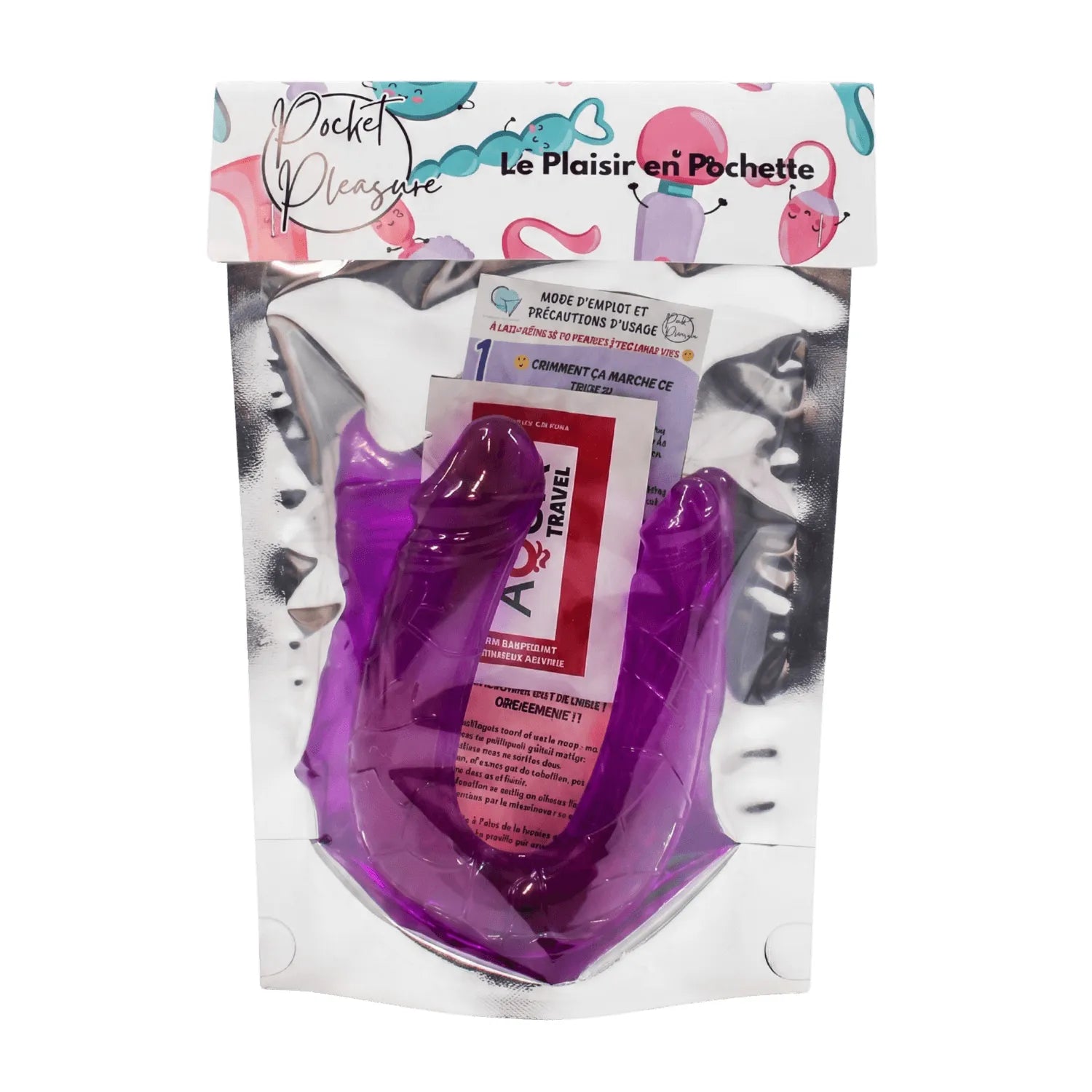 Double dong violet translucide en TPE, flexible, avec deux extrémités, emballage Pocket Pleasure.