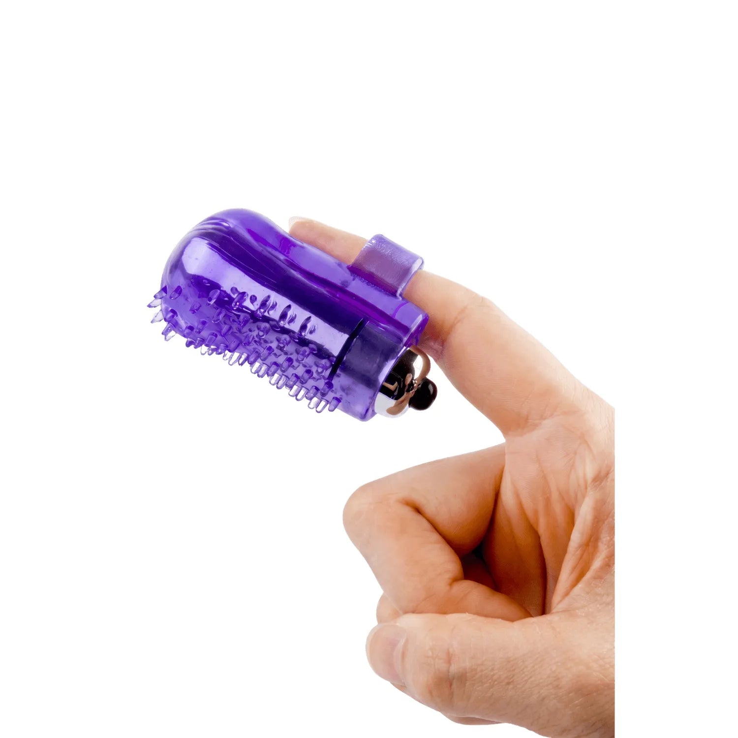 Doigt vibrant violet translucide avec manchon texturé et bullet puissant, idéal pour stimulation précise et intense.