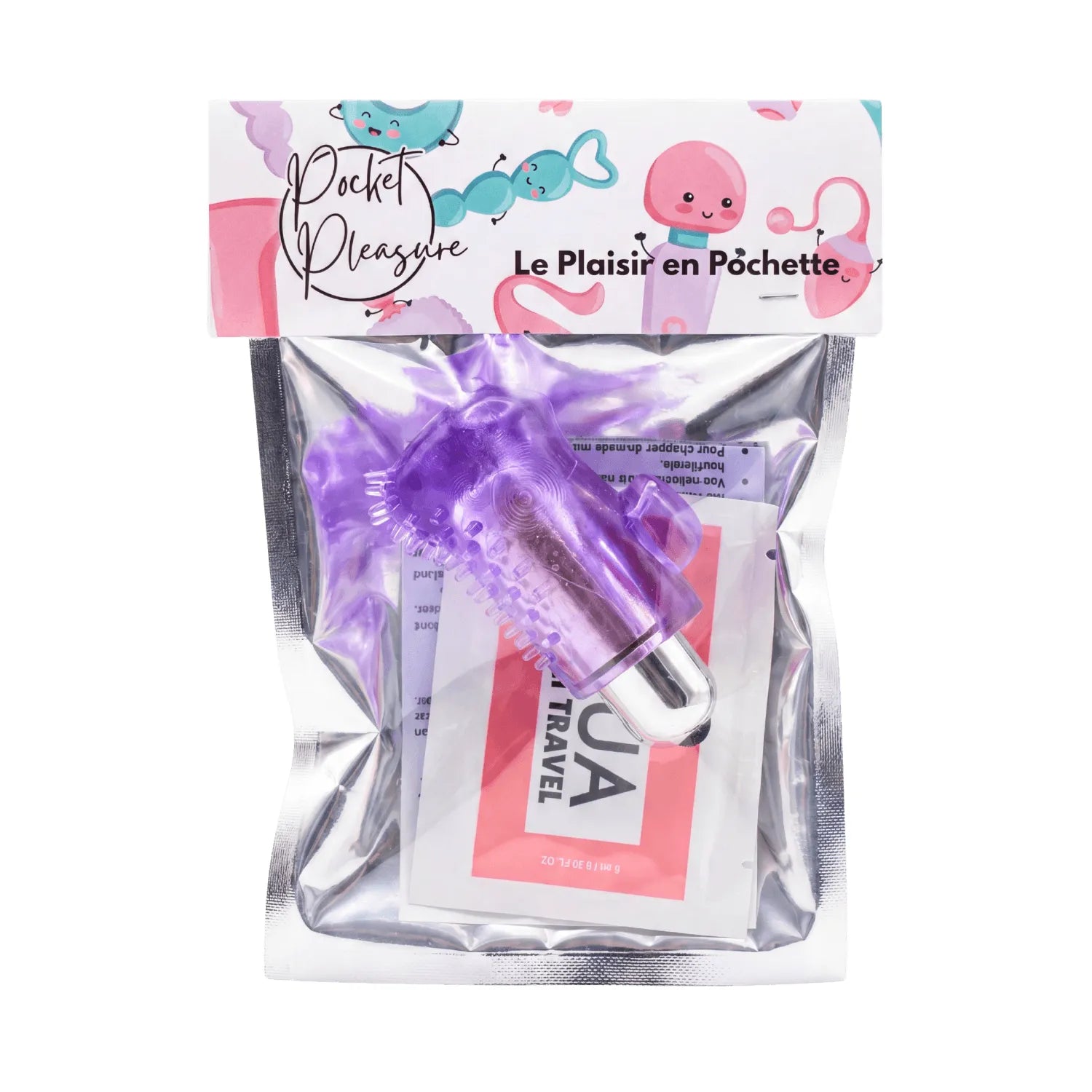 Doigt vibrant violet translucide TPE, manchon texturé avec picots, bullet puissant, emballage discret.