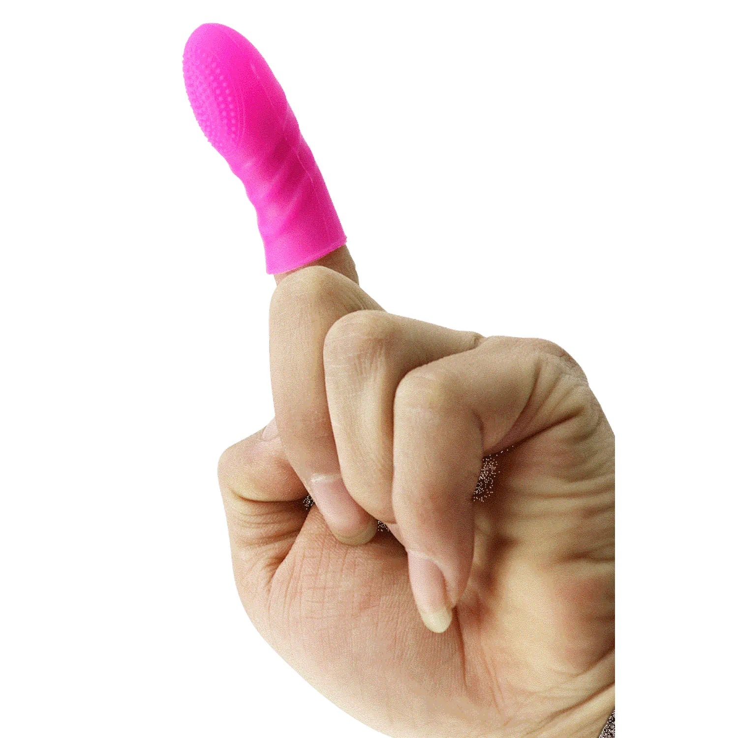 Doigt chinois rose en silicone texturé, hypoallergénique, ergonomique, pour stimulation sensorielle précise.