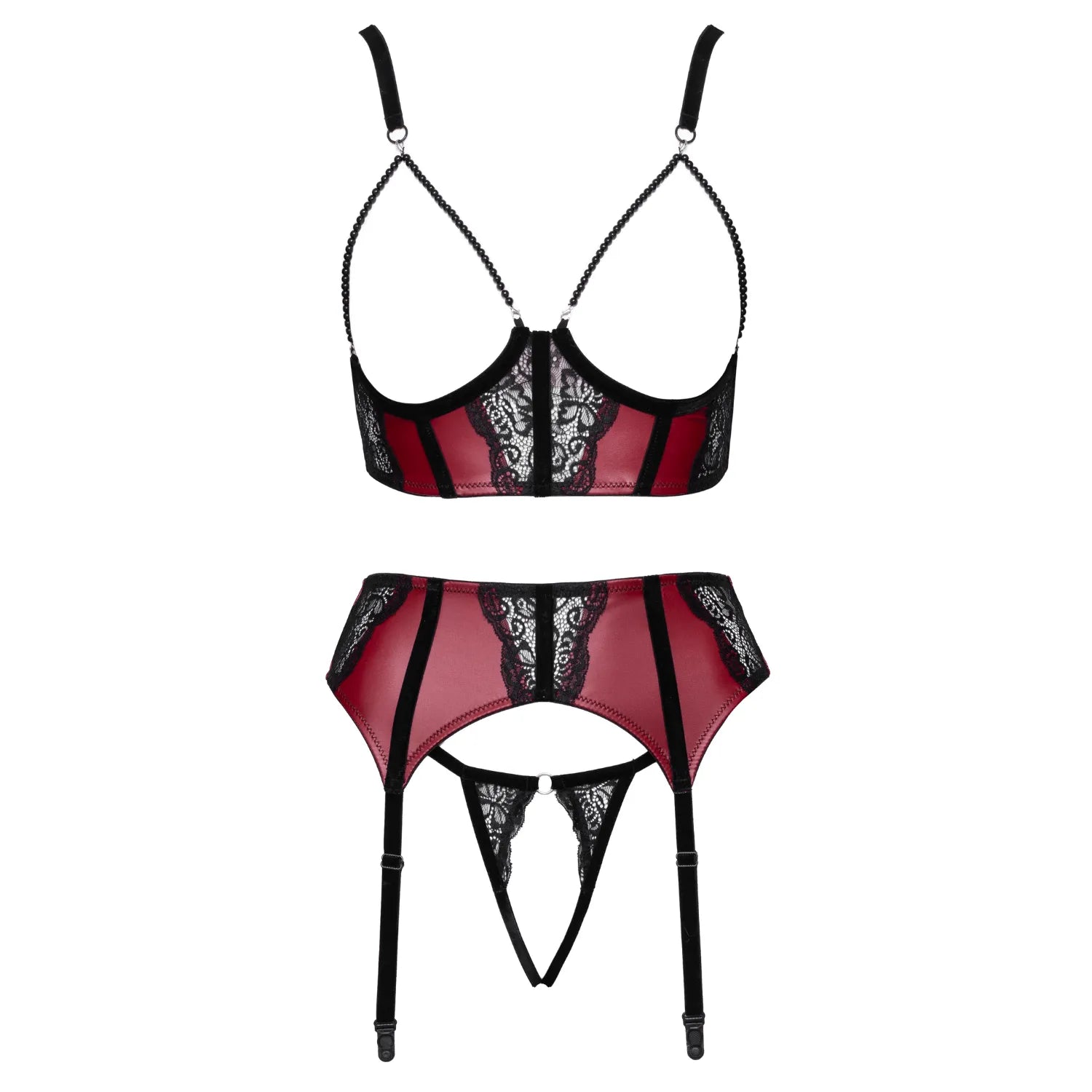 Ensemble lingerie 3 pièces Cottelli en dentelle et velours rouge foncé et noir, avec jarretelles, design élégant et séduis...