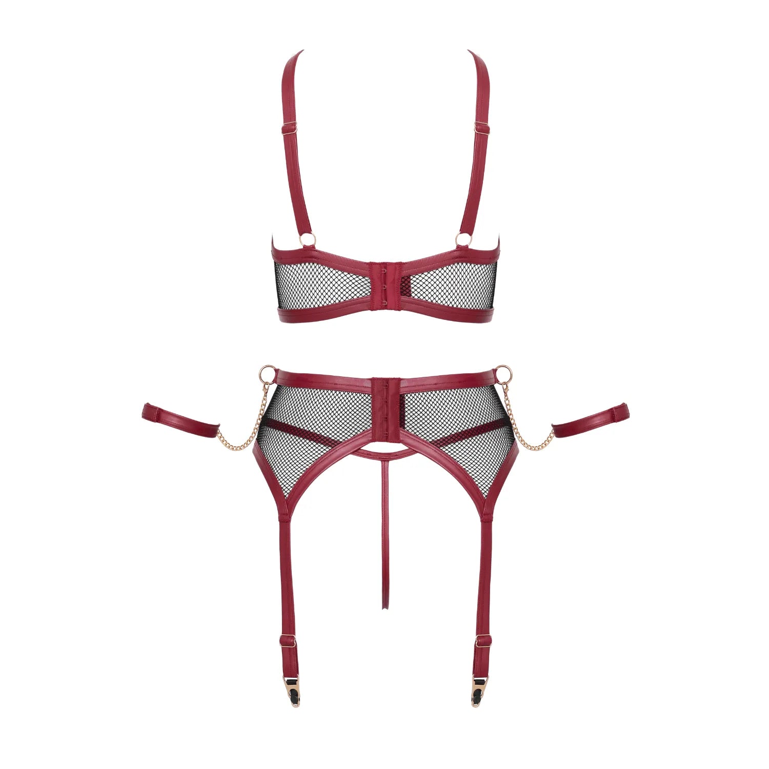 Ensemble jarretelles résille noire rouge foncé avec menottes et chaînes, style bondage, Cottelli, séduction élégante.