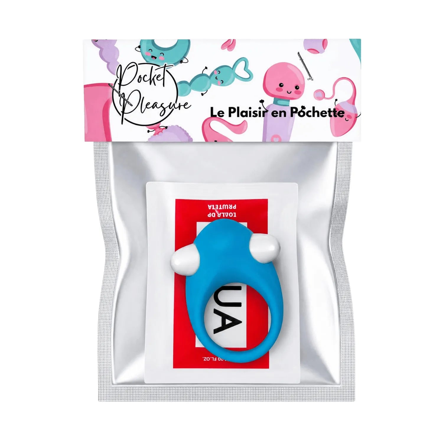 Cockring vibrant turquoise en silicone dauphin, stimulation clitoridienne et pénienne, emballage moderne et coloré.