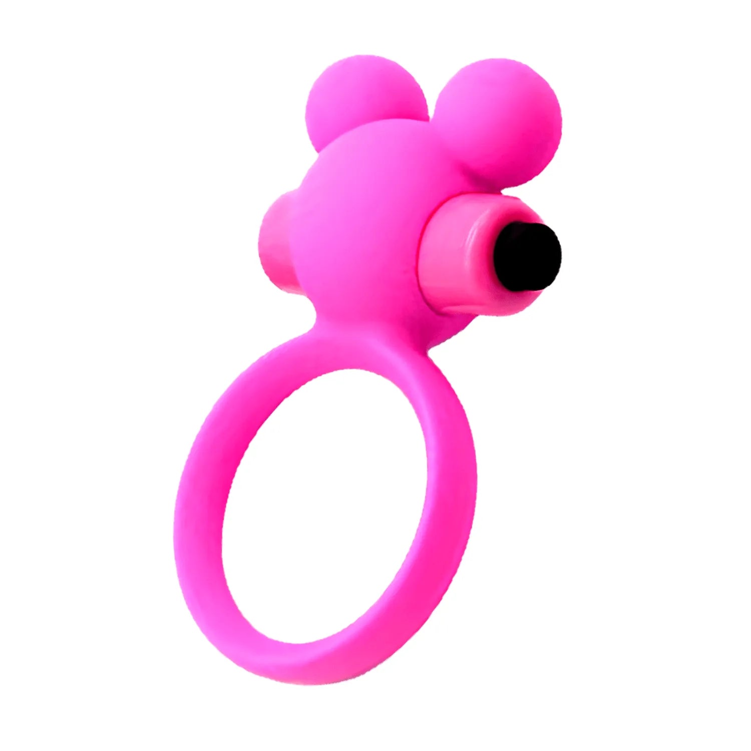 Anneau vibrant rose kawaii en silicone hypoallergénique, forme ourson avec bullet intégré pour stimulation clitoridienne.