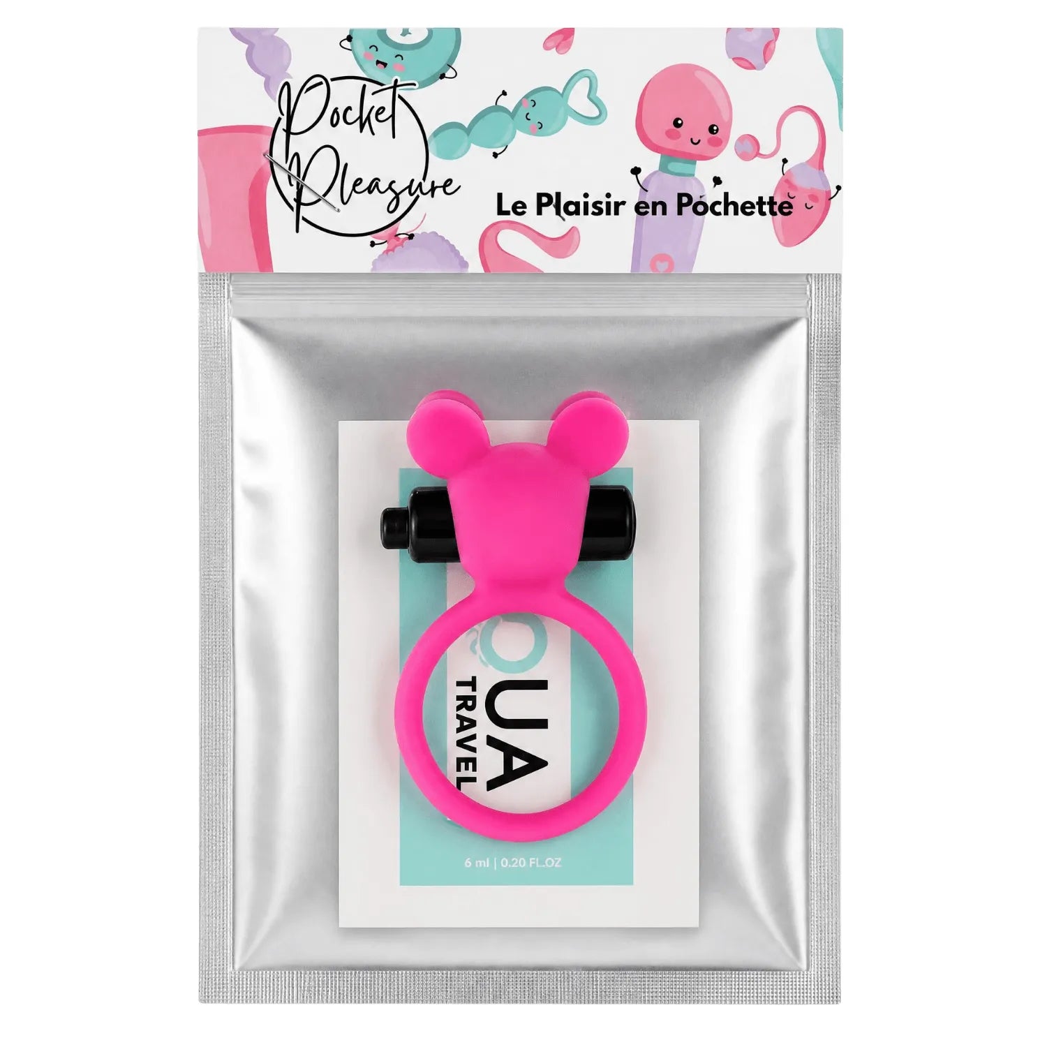 Anneau vibrant rose kawaii ourson en silicone hypoallergénique avec bullet vibrant, design mignon et stimulant.