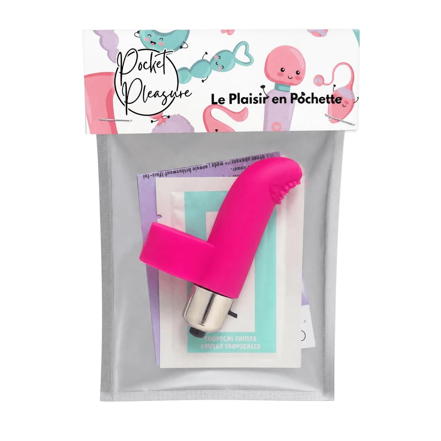 Doigt chinois vibrant rose fuchsia en silicone avec picots pour stimulation clitoridienne, emballage visible.