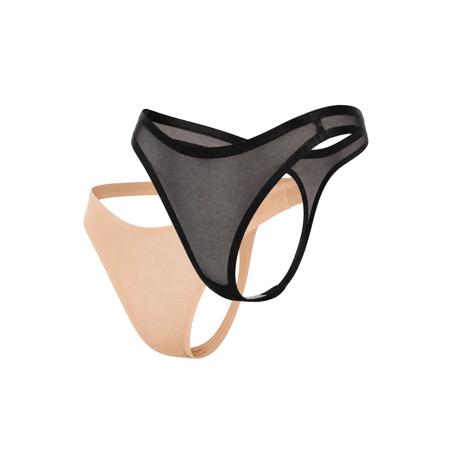 Lot de 2 strings résille transparente noir et nude, taille fine, fond coton, lingerie légère et raffinée.