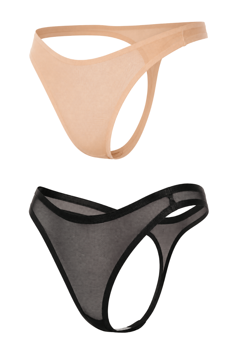 Lot de 2 strings invisibles Mapalé en résille transparente, noir et nude, coupe échancrée, taille fine, confort extensible.