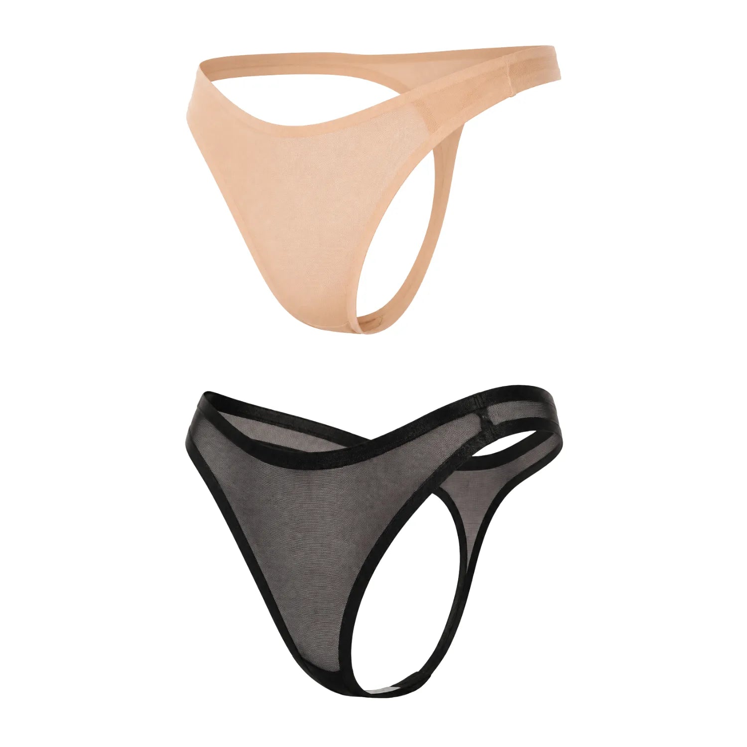 Lot de 2 strings résille transparente noir et nude, taille fine, fond coton, confort quotidien, lingerie légère.