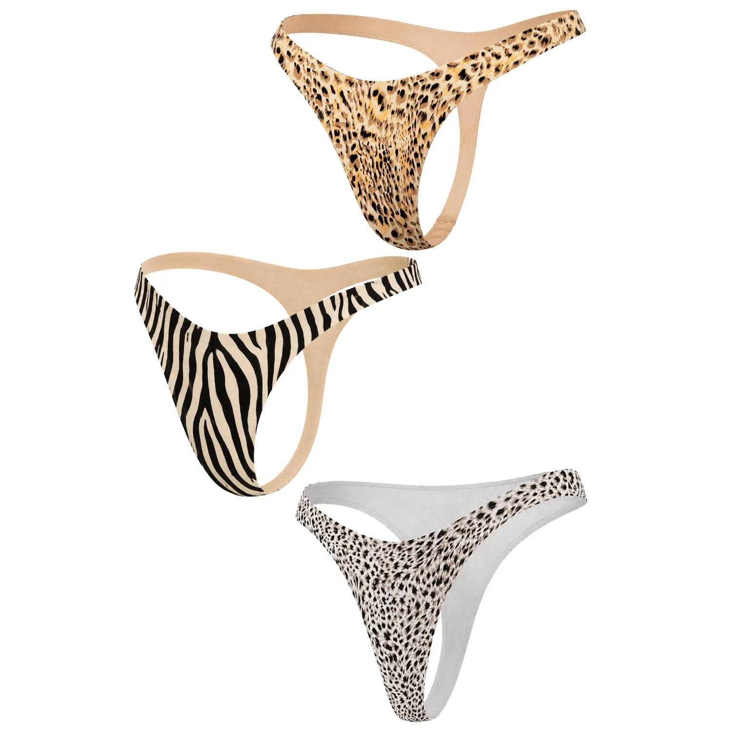 Lot de 3 strings invisibles imprimés léopard, zèbre, tacheté Mapalé 144, style animalier, confort et discrétion.