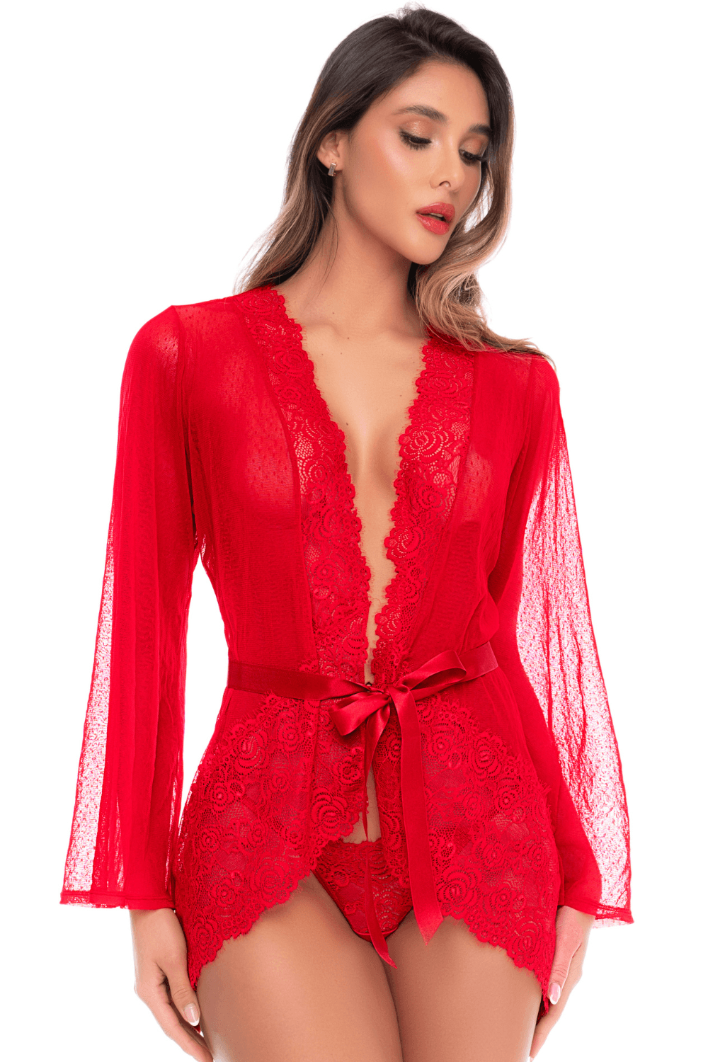 Peignoir transparent rouge en résille plumetis et dentelle avec string - Mapalé
