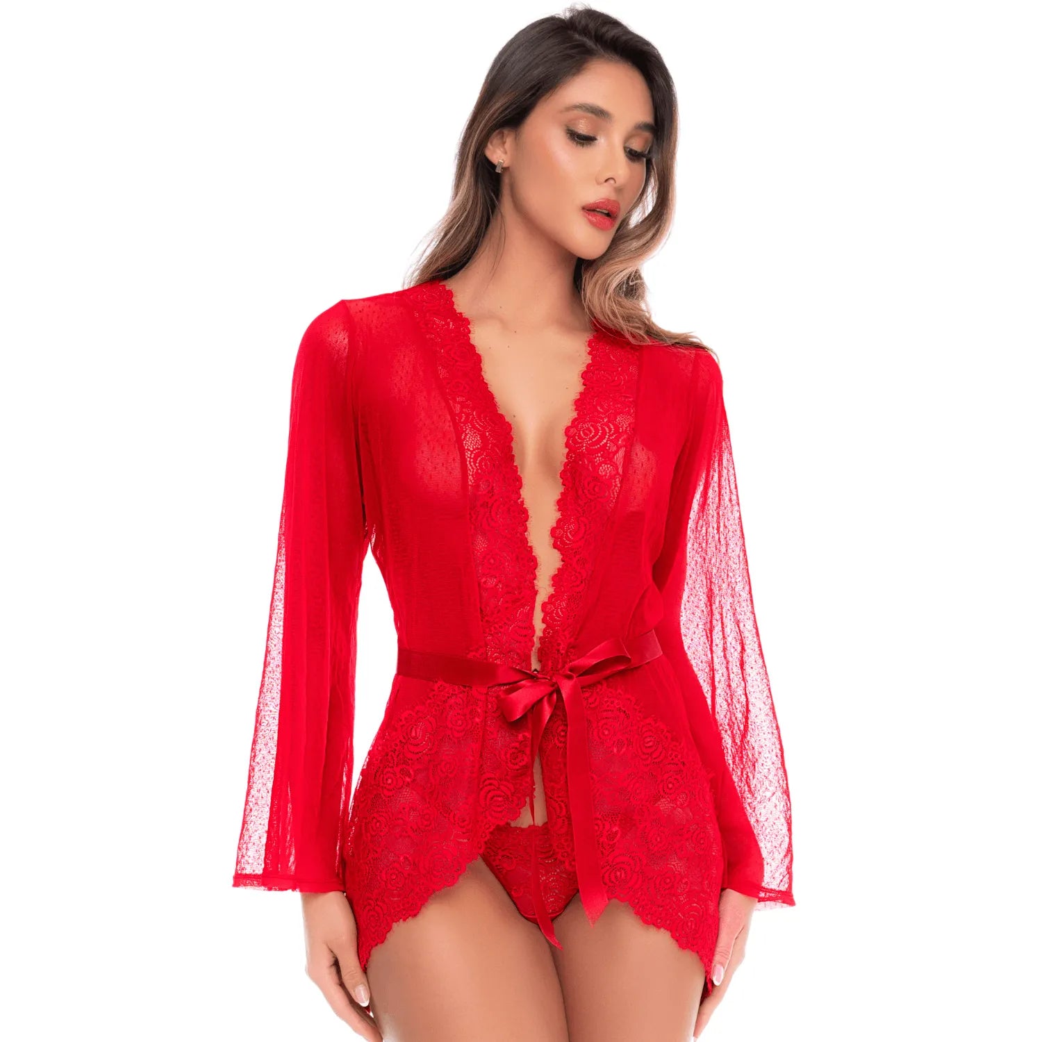 Peignoir transparent rouge en résille plumetis et dentelle avec string - Mapalé