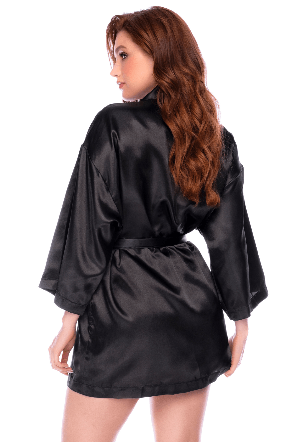 Peignoir court satiné noir avec ceinture à nouer - Mapalé