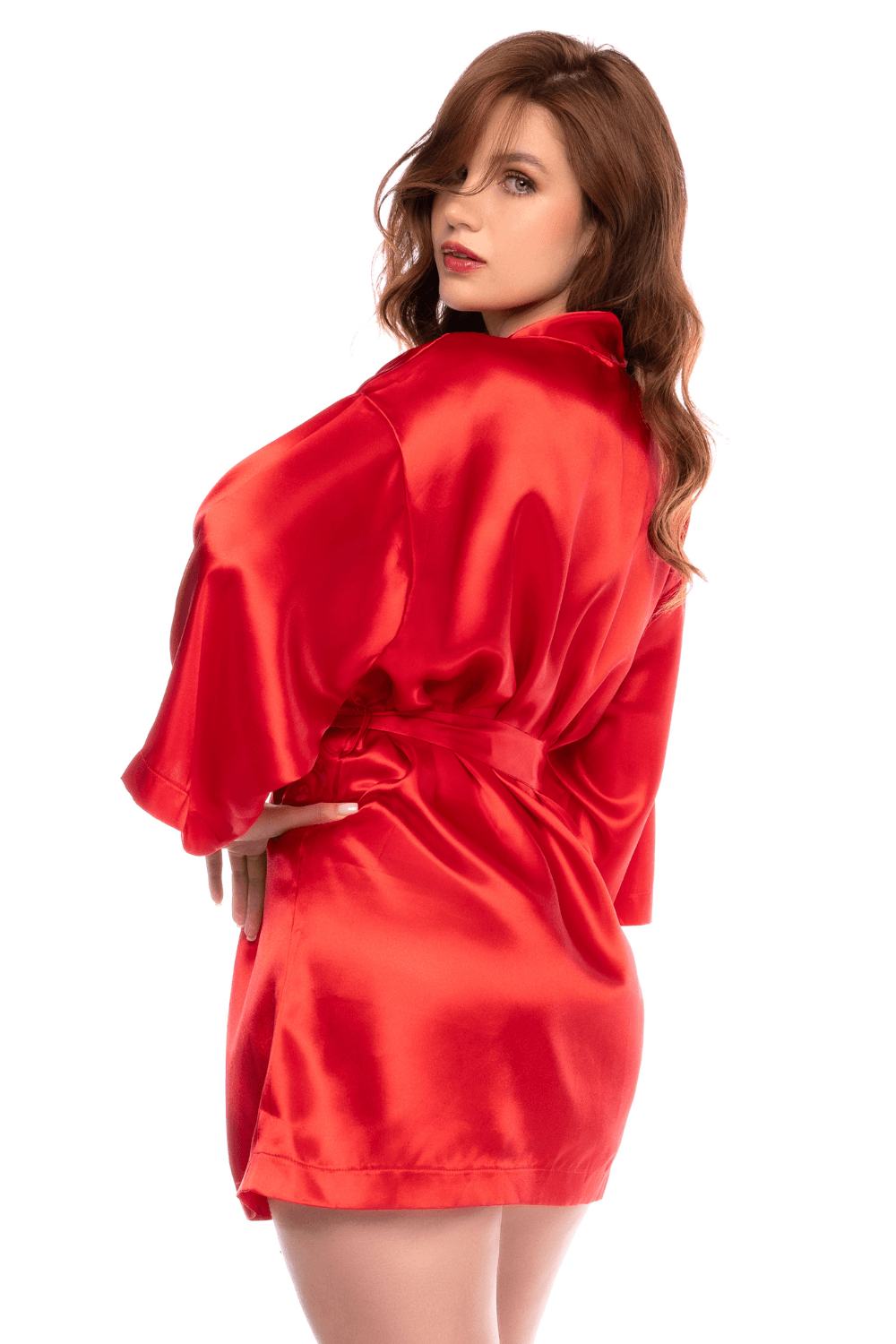 Peignoir court satiné rouge avec ceinture à nouer - Mapalé