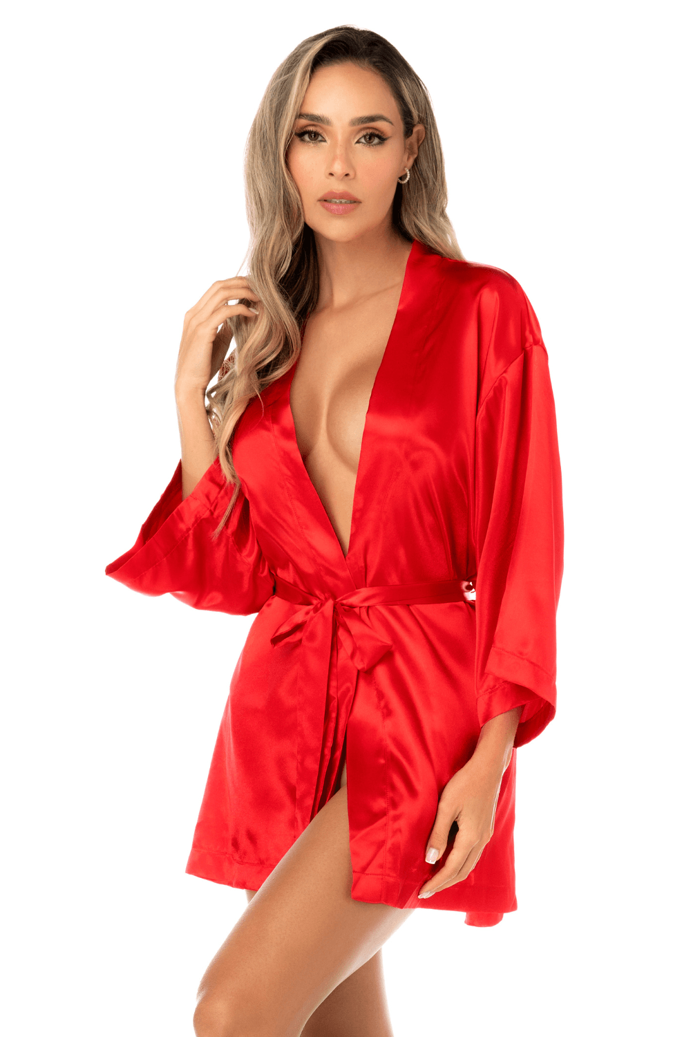 Peignoir court satiné rouge avec ceinture à nouer - Mapalé