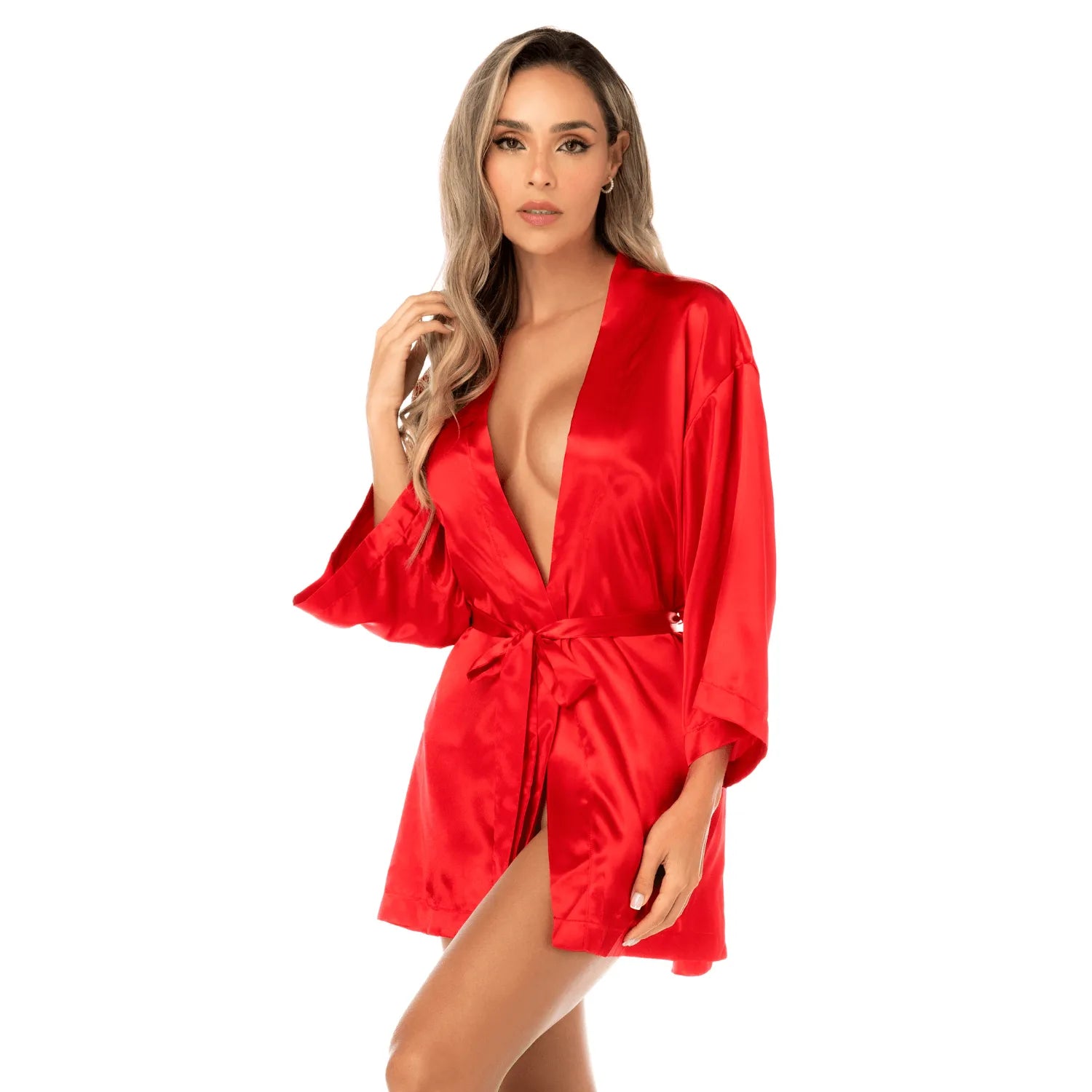 Peignoir court satiné rouge brillant manches trois-quarts ceinture ajustable Mapalé