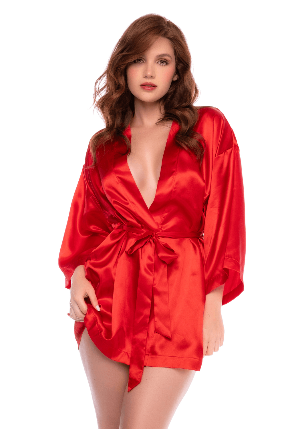 Peignoir court satiné rouge avec ceinture à nouer - Mapalé