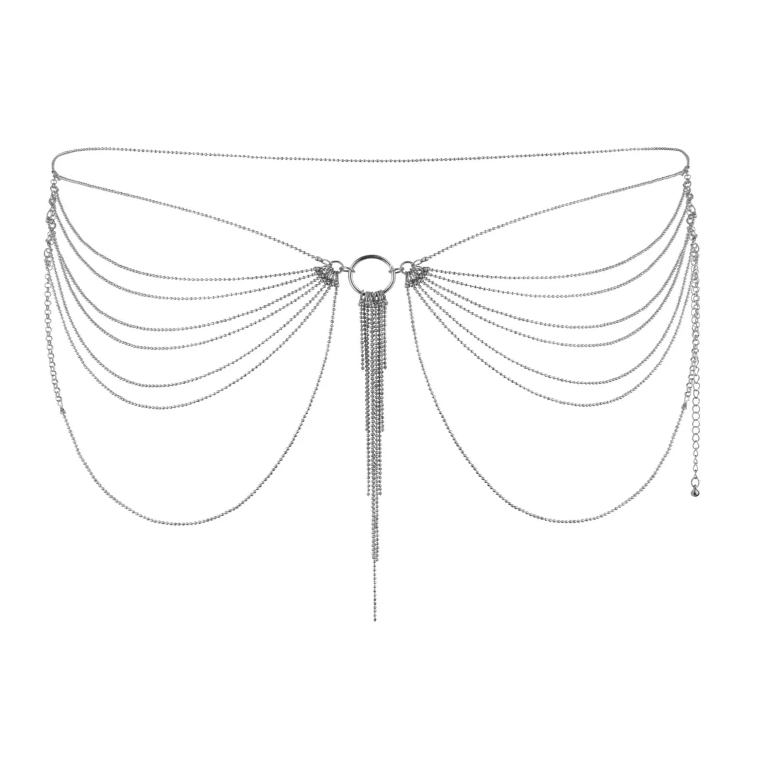 Chaîne taille argentée brillante, ajustable, élégante, avec détails sculptants et pendants raffinés, pour sublimer la silh...