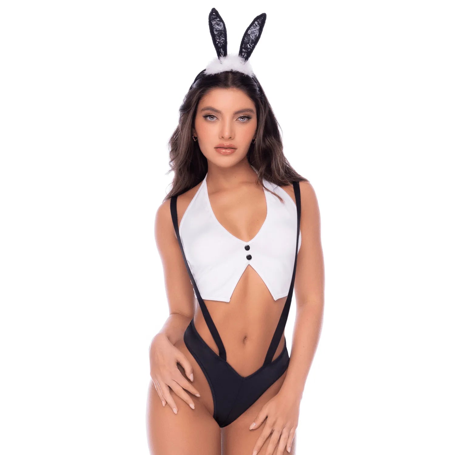 Déguisement lapine sexy noir blanc oreilles dentelle top gilet culotte échancrée Mapalé