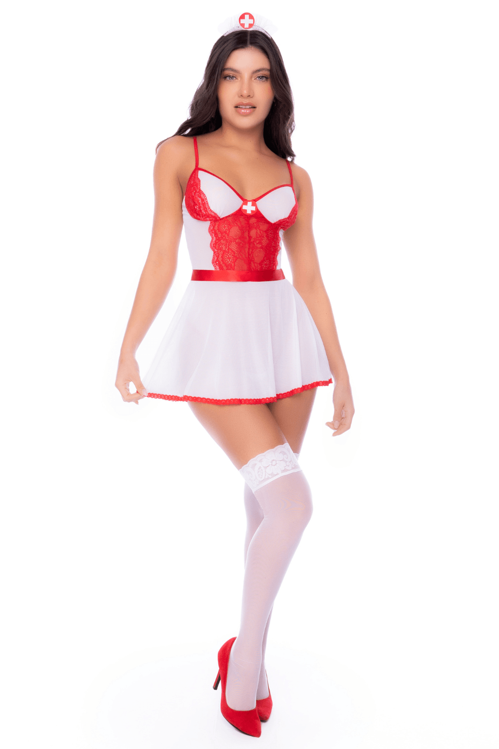 Déguisement infirmière Mapalé: bustier blanc et dentelle rouge, mini-jupe fluide, bretelles réglables, ruban satiné.
