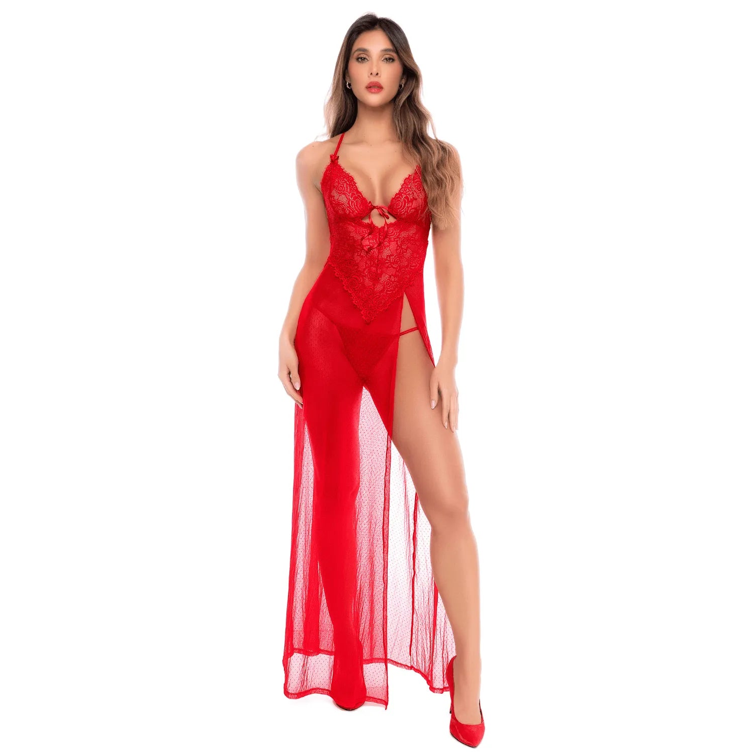 Robe longue transparente rouge en dentelle et résille avec string - Mapalé