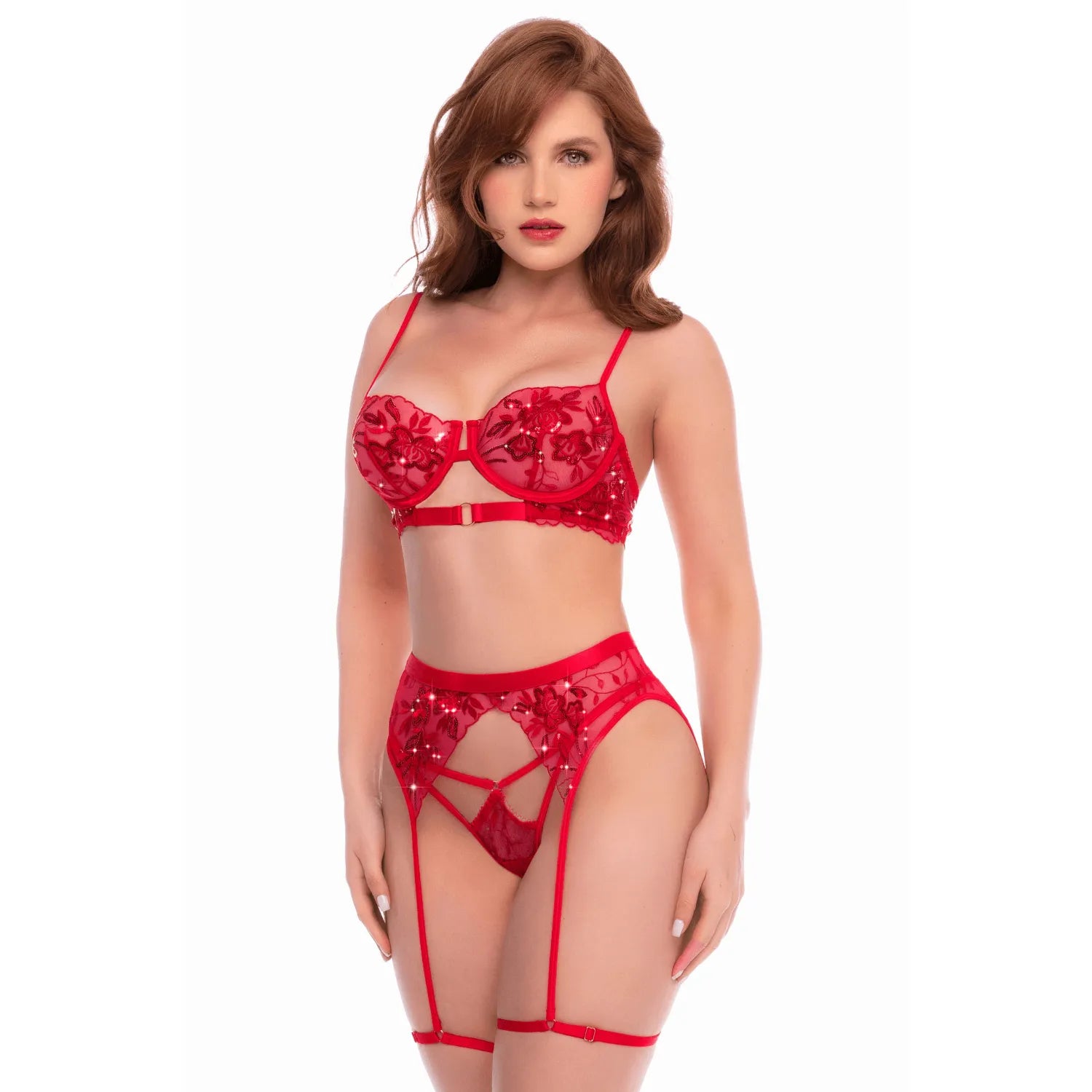Ensemble lingerie 3 pièces rouge écarlate broderies florales sequins soutien-gorge Mapalé